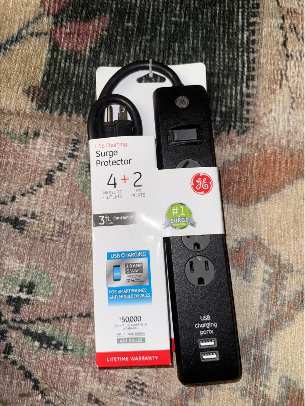 GE 4-Outlet USB charger surge protector new 3 feet